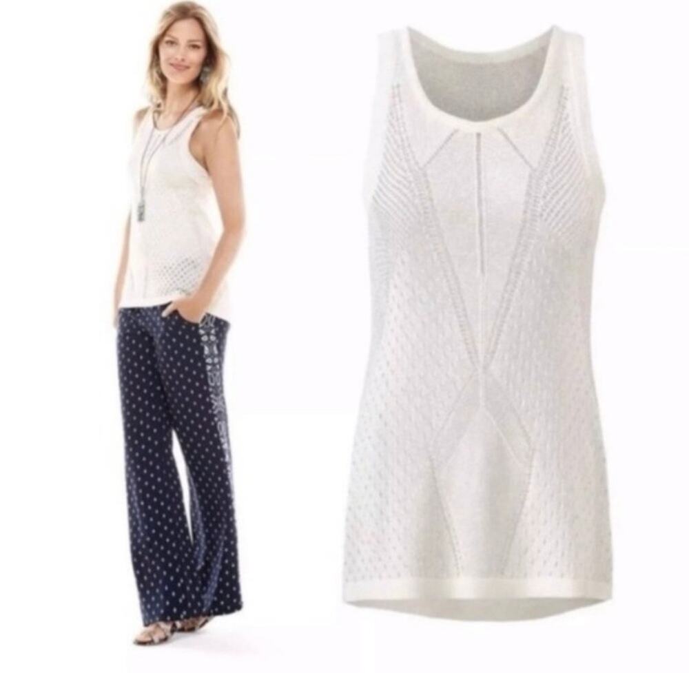 CAbi 5136 Off White Sleeveless Knit Tennis Style Tank Sweater S
